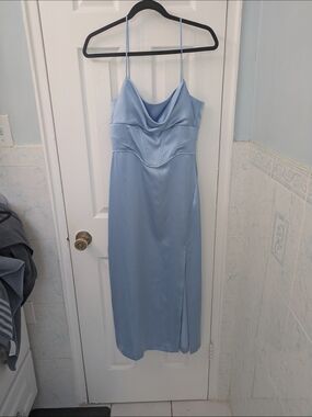 Zara Light Blue Satin Cowl Midi Dress